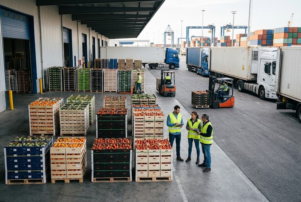 Muelle de carga con palés de frutas y hortalizas