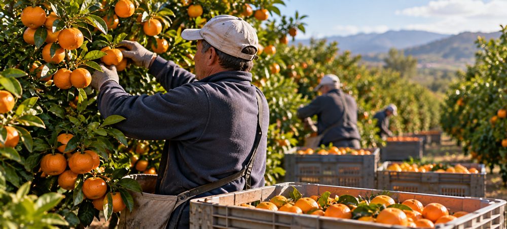 Recolección de naranjas en el campo