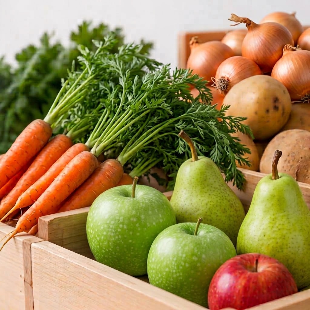Cajas de madera con manzanas, peras, zanahorias, cebollas, patatas y naranjas